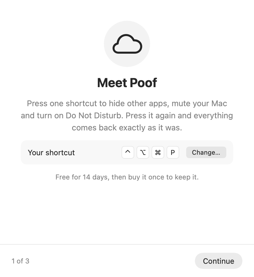 Poof's first-launch window: Meet Poof, with your shortcut shown as keys.
