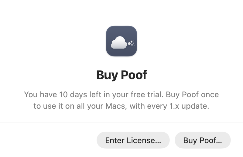 Poof's license window: Buy Poof, with 10 days left in the free trial.