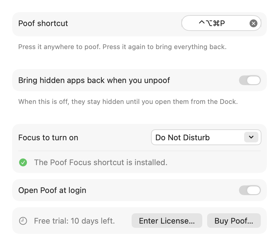 Poof's Settings window: the shortcut, Bring hidden apps back when you unpoof, Focus to turn on, Open Poof at login, and the free trial with 10 days left.