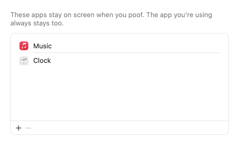 Poof's Keep Visible settings, listing Music and Clock.